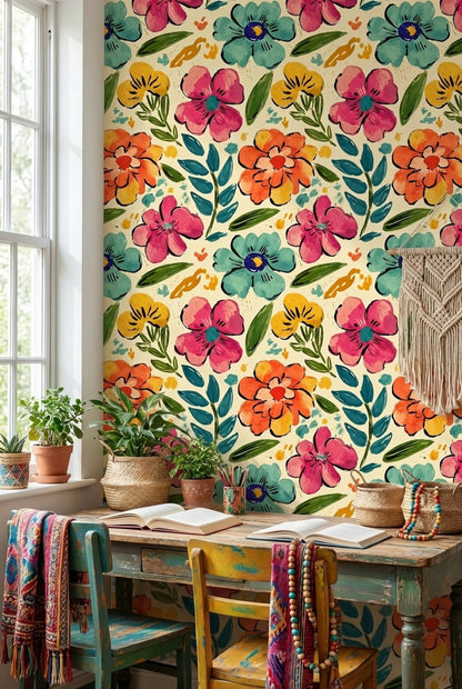 Vibrant Multicolor Large Floral Pattern Wallpaper