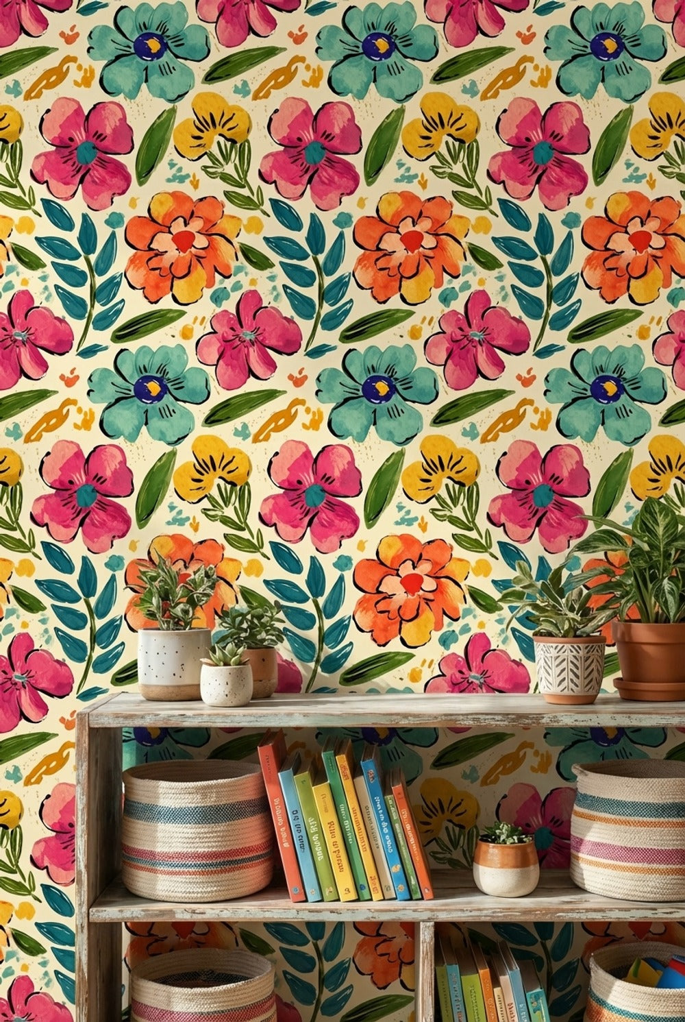 Vibrant Multicolor Large Floral Pattern Wallpaper