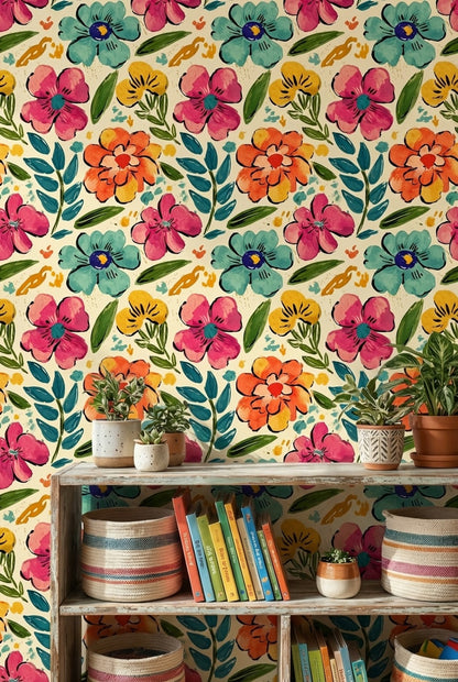 Vibrant Multicolor Large Floral Pattern Wallpaper