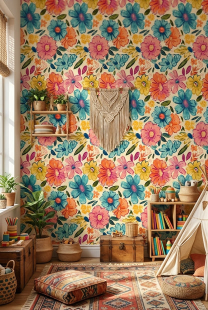 Vibrant Multicolor Floral Pattern Wallpaper