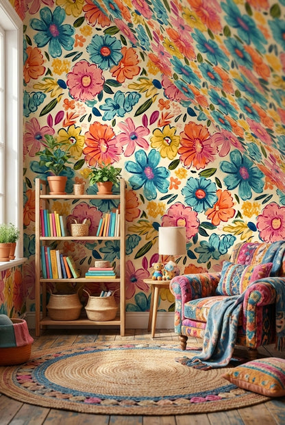 Vibrant Multicolor Floral Pattern Wallpaper