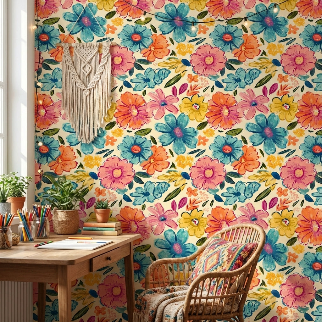 Vibrant Multicolor Floral Pattern Wallpaper