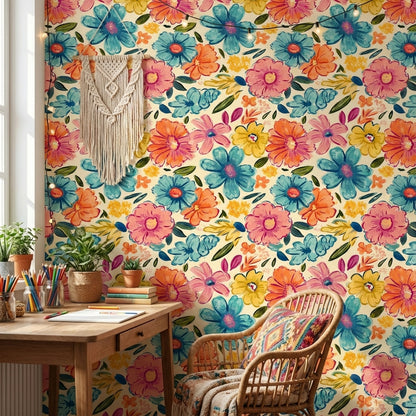 Vibrant Multicolor Floral Pattern Wallpaper