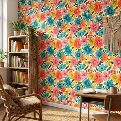 Vibrant Multicolor Floral Pattern Wallpaper
