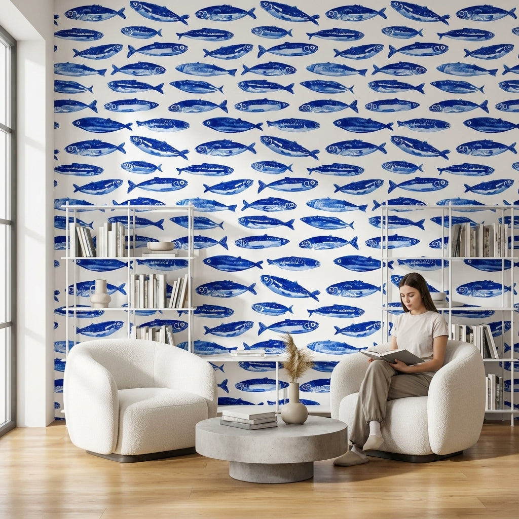 Cobalt Blue Fish Pattern Wallpaper
