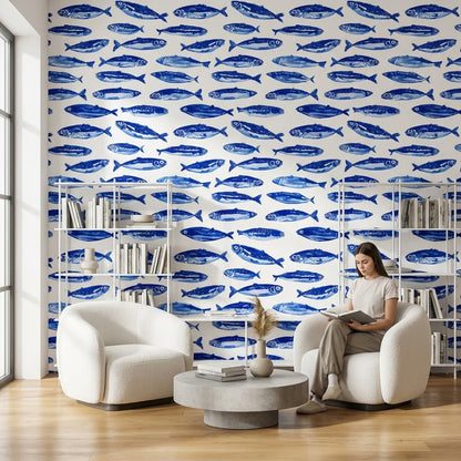 Cobalt Blue Fish Pattern Wallpaper