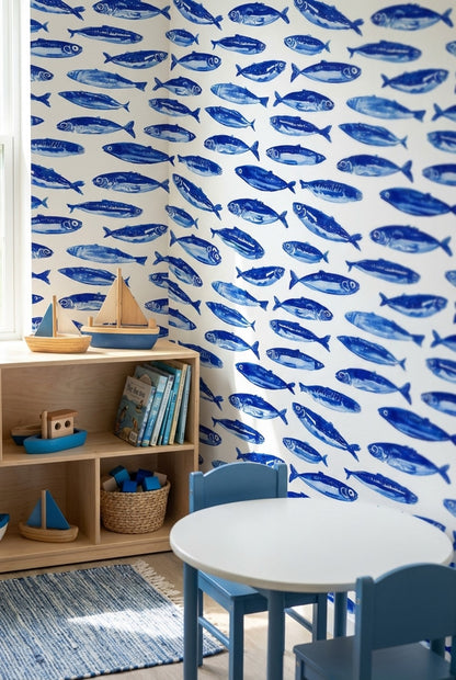 Cobalt Blue Fish Pattern Wallpaper