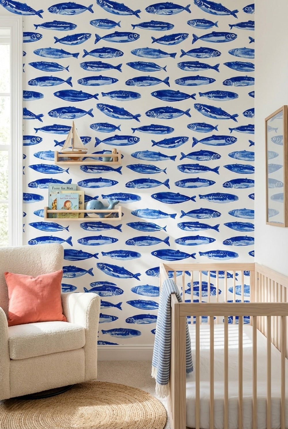 Cobalt Blue Fish Pattern Wallpaper