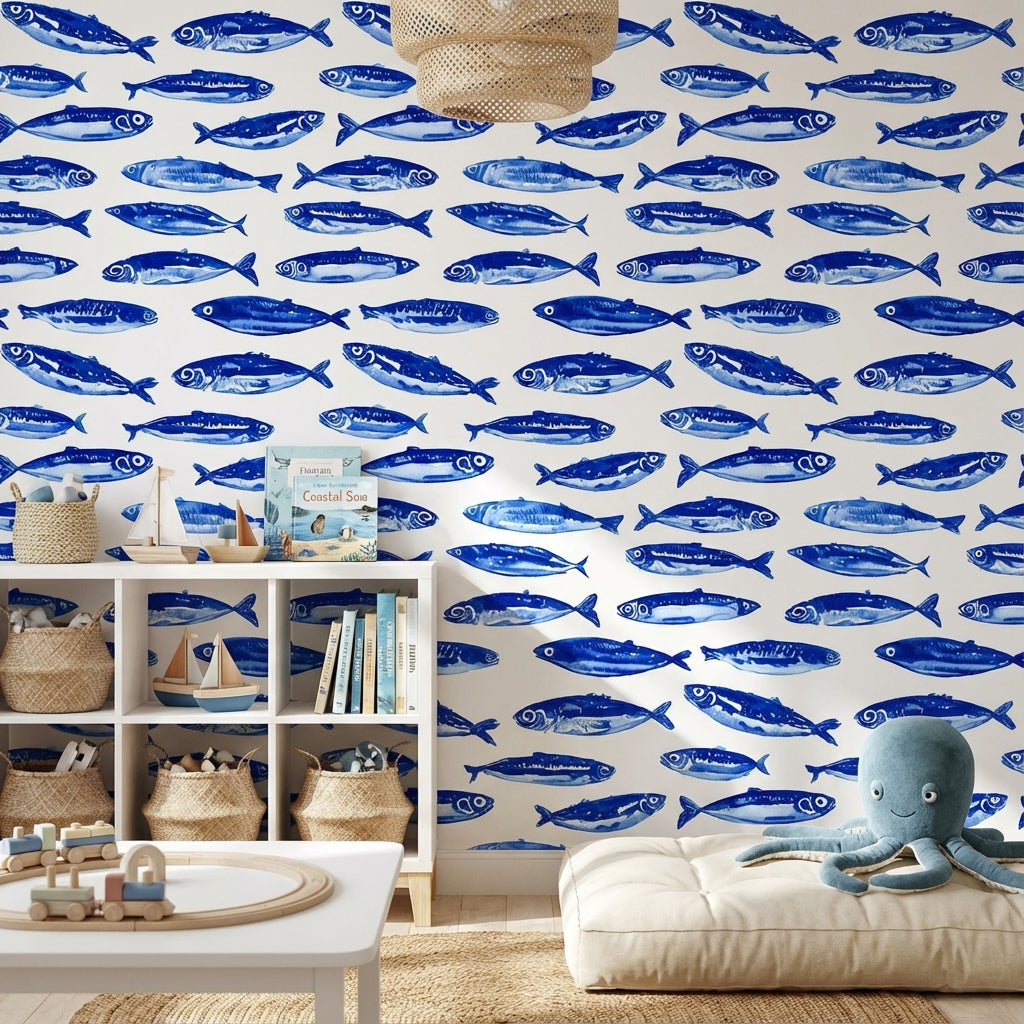 Cobalt Blue Fish Pattern Wallpaper