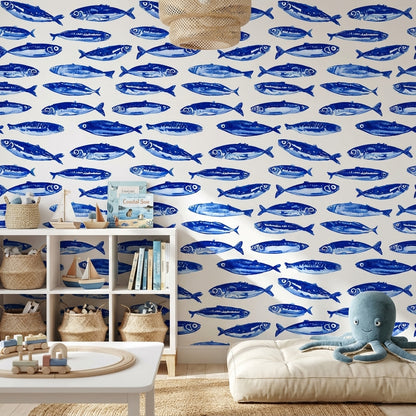 Cobalt Blue Fish Pattern Wallpaper