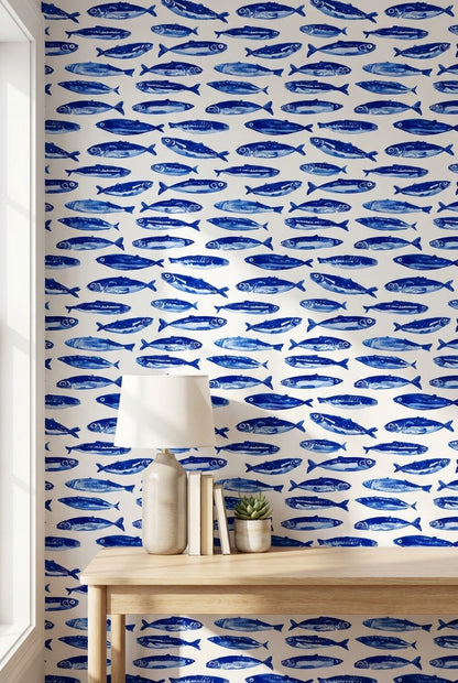 Cobalt Blue Fish Pattern Wallpaper