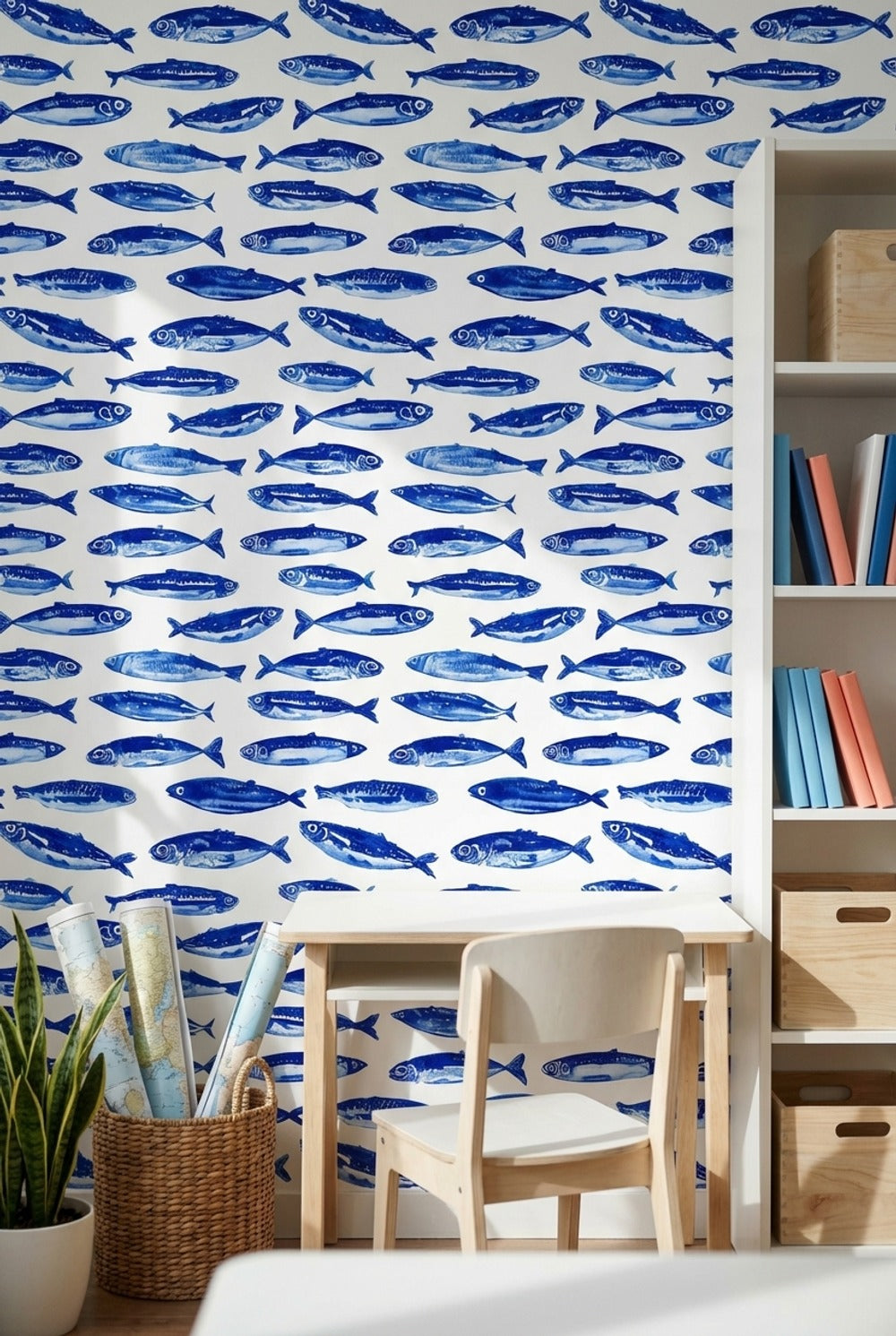Cobalt Blue Fish Pattern Wallpaper