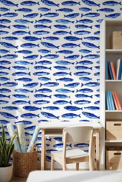 Cobalt Blue Fish Pattern Wallpaper