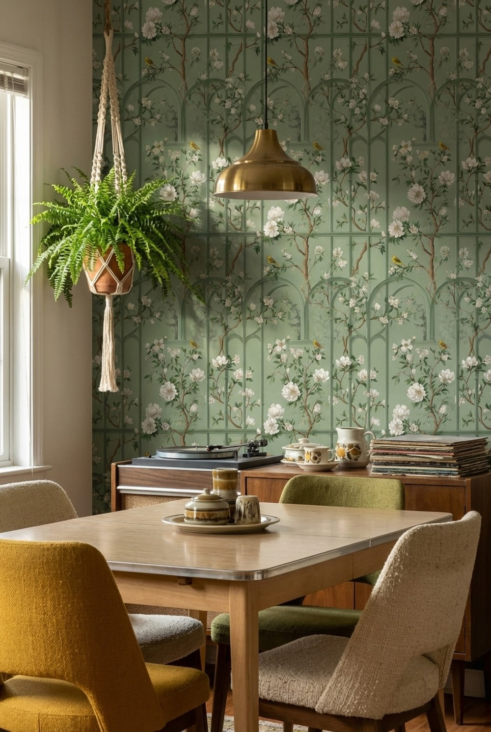 Sage Green Magnolia and Bird Arched Pattern Wallpaper