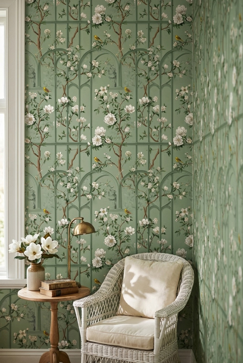 Sage Green Magnolia and Bird Arched Pattern Wallpaper