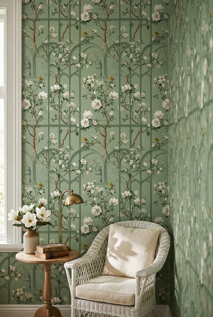 Sage Green Magnolia and Bird Arched Pattern Wallpaper