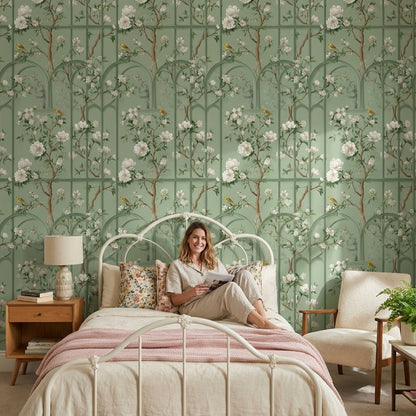 Sage Green Magnolia and Bird Arched Pattern Wallpaper