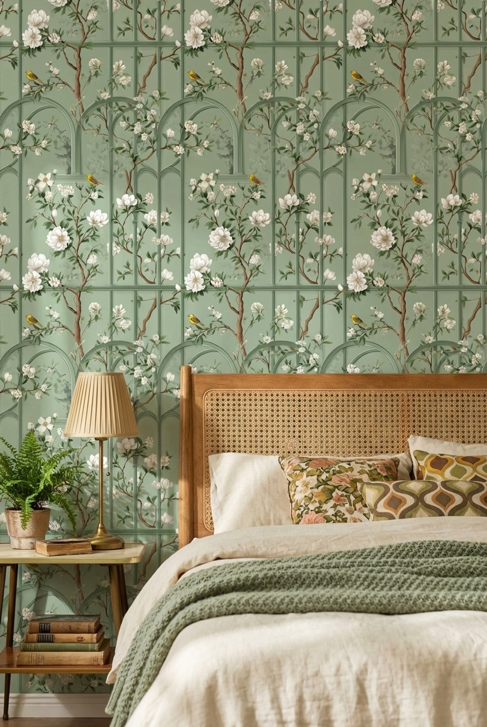 Sage Green Magnolia and Bird Arched Pattern Wallpaper