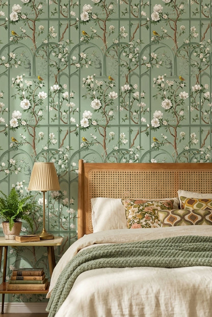 Sage Green Magnolia and Bird Arched Pattern Wallpaper