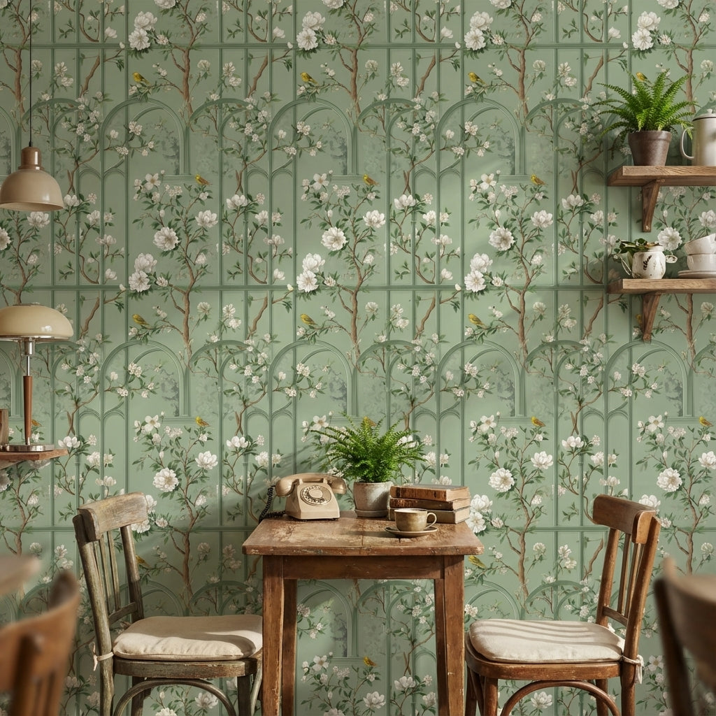 Sage Green Magnolia and Bird Arched Pattern Wallpaper