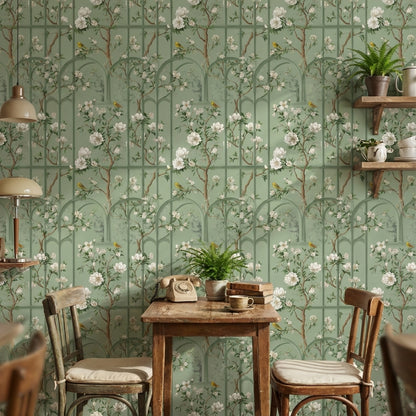 Sage Green Magnolia and Bird Arched Pattern Wallpaper