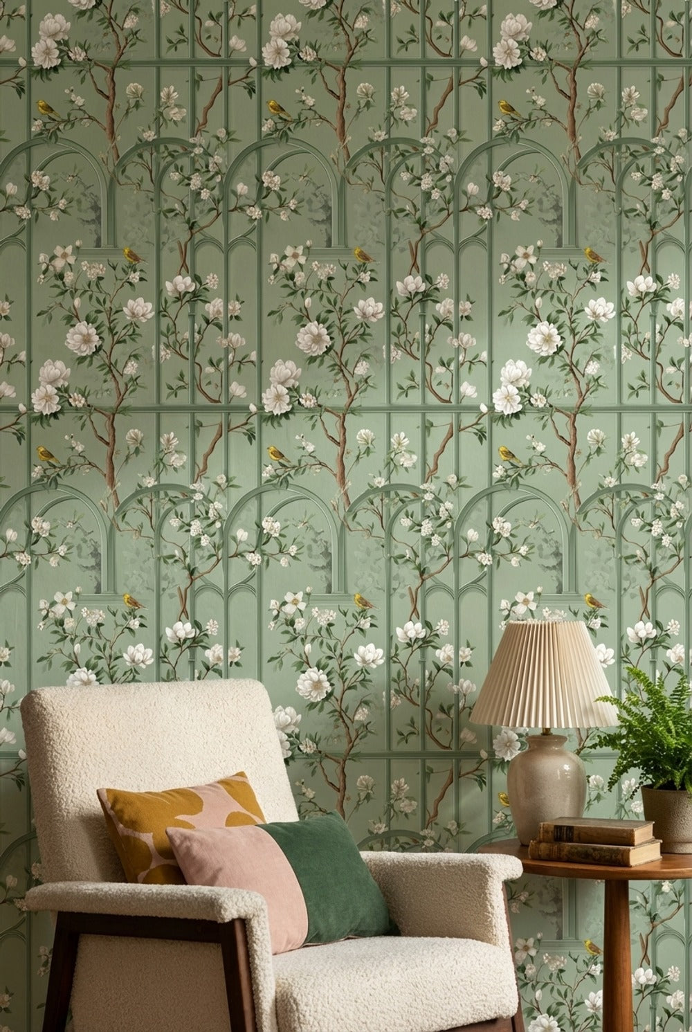 Sage Green Magnolia and Bird Arched Pattern Wallpaper