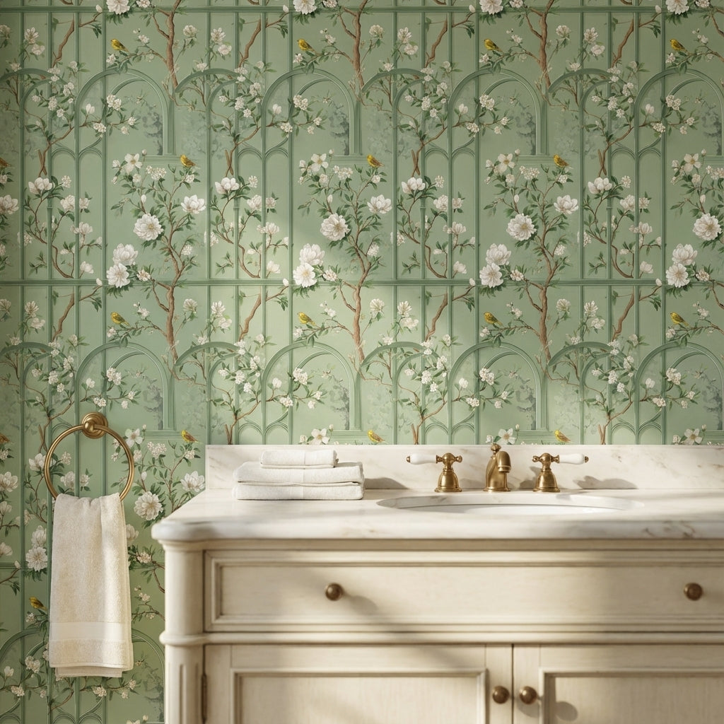 Sage Green Magnolia and Bird Arched Pattern Wallpaper