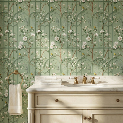 Sage Green Magnolia and Bird Arched Pattern Wallpaper