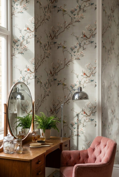 Cream Cherry Blossom with Birds Wallpaper