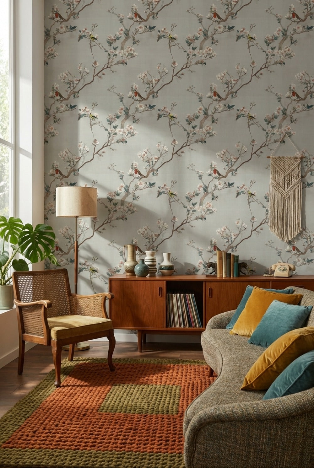 Cream Cherry Blossom with Birds Wallpaper