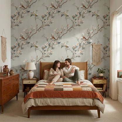 Cream Cherry Blossom with Birds Wallpaper