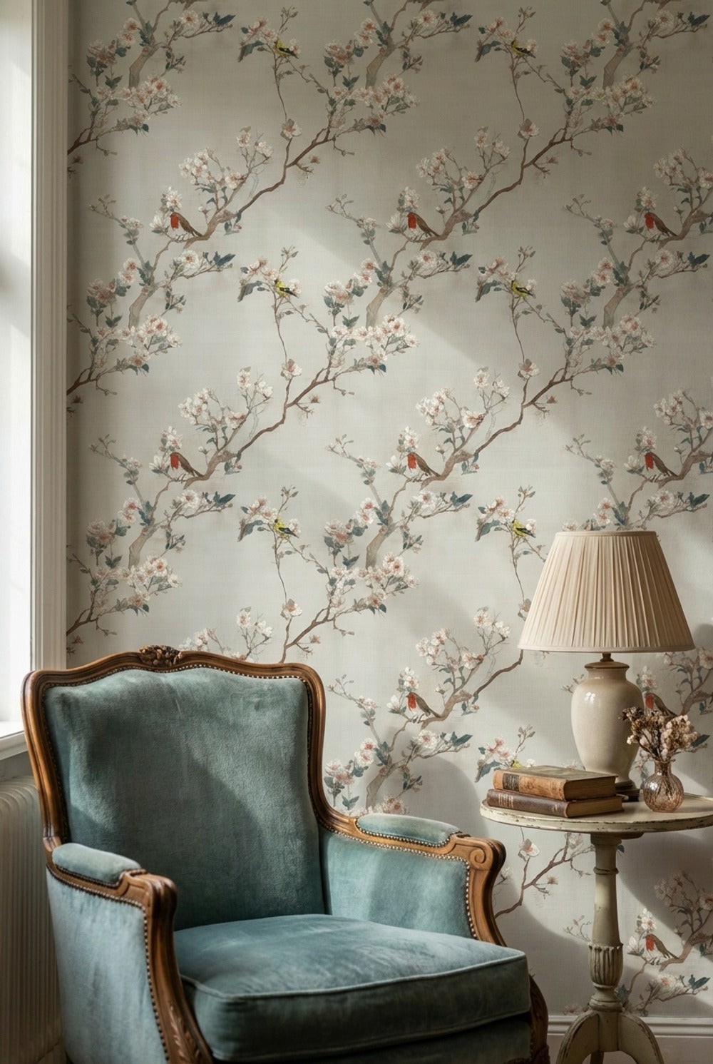 Cream Cherry Blossom with Birds Wallpaper