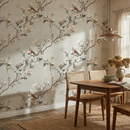 Cream Cherry Blossom with Birds Wallpaper