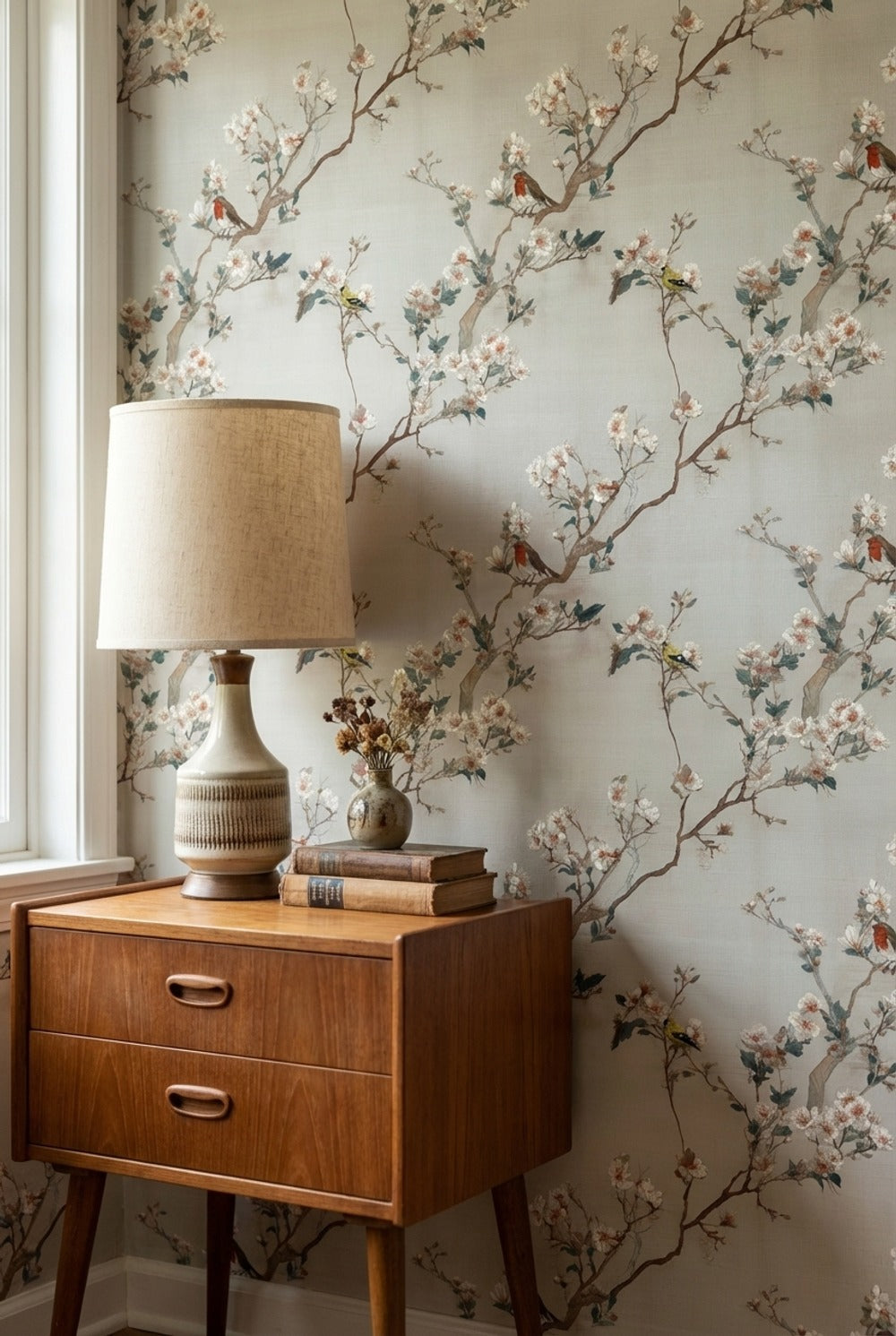 Cream Cherry Blossom with Birds Wallpaper
