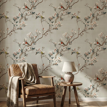 Cream Cherry Blossom with Birds Wallpaper