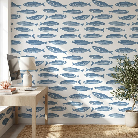 Blue Nautical Fish Pattern Wallpaper