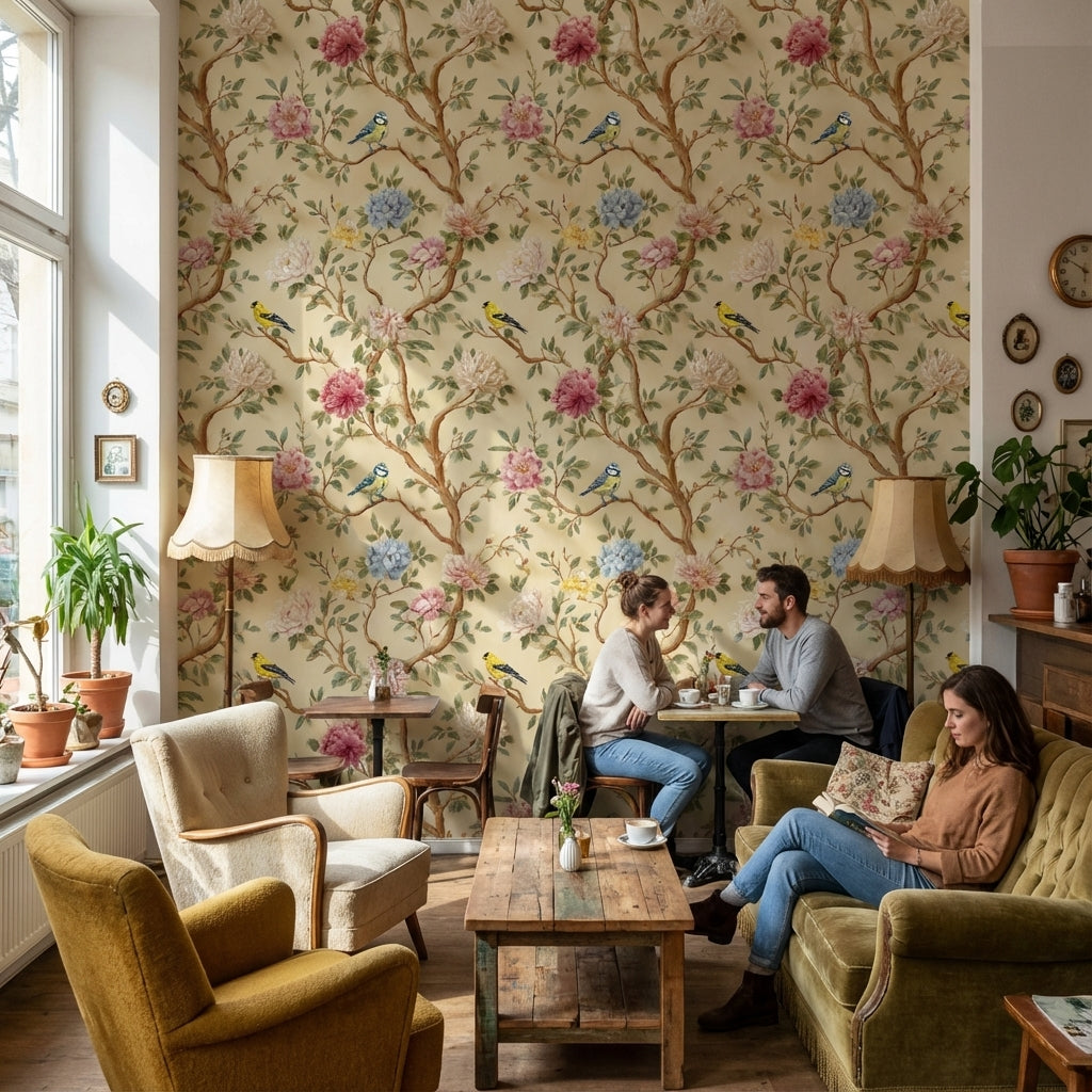 Vintage Cream Peony and Bird Floral Wallpaper