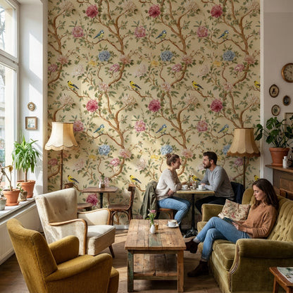 Vintage Cream Peony and Bird Floral Wallpaper