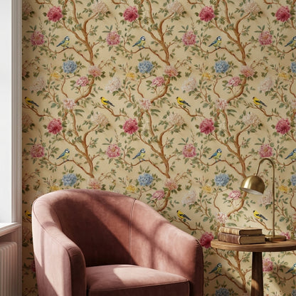 Vintage Cream Peony and Bird Floral Wallpaper