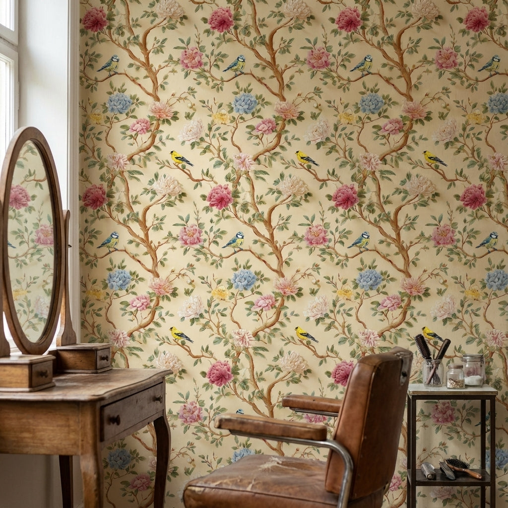 Vintage Cream Peony and Bird Floral Wallpaper