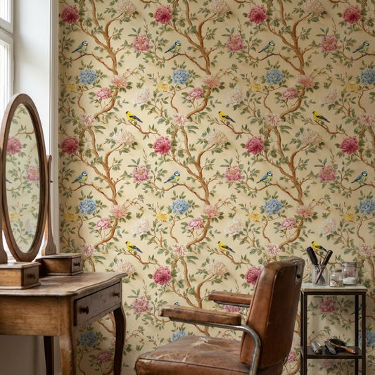 Vintage Cream Peony and Bird Floral Wallpaper