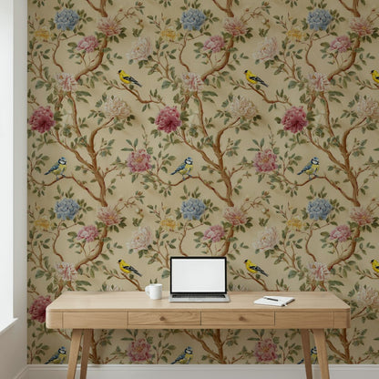 Vintage Cream Peony and Bird Floral Wallpaper