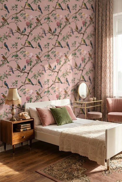 Soft Pink Bird and Cherry Blossom Wallpaper