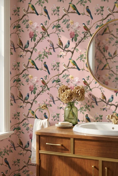 Soft Pink Bird and Cherry Blossom Wallpaper