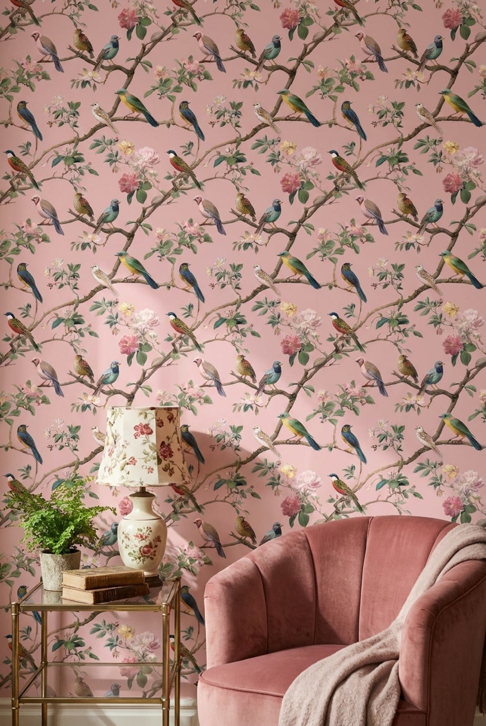 Soft Pink Bird and Cherry Blossom Wallpaper