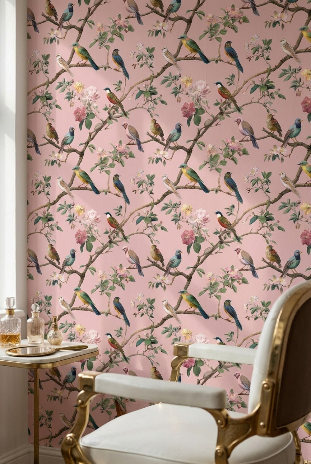 Soft Pink Bird and Cherry Blossom Wallpaper
