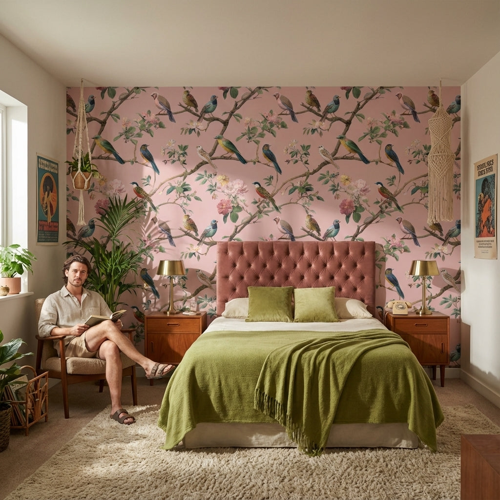 Soft Pink Bird and Cherry Blossom Wallpaper