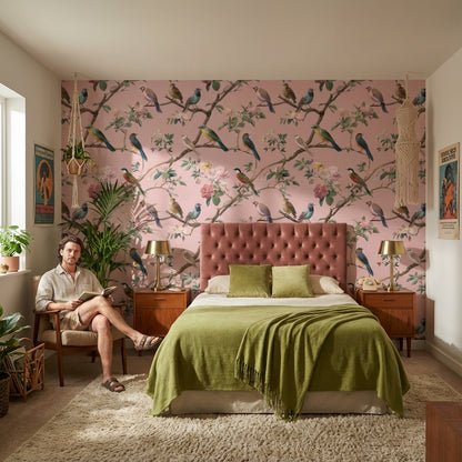 Soft Pink Bird and Cherry Blossom Wallpaper