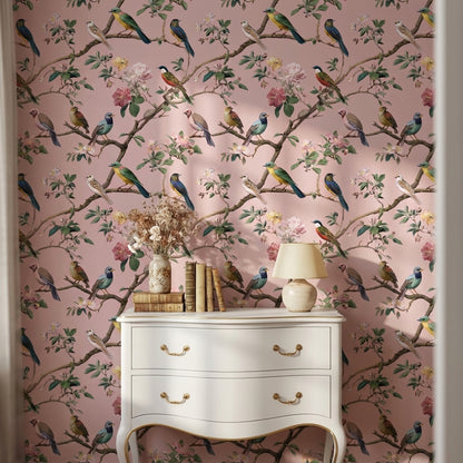 Soft Pink Bird and Cherry Blossom Wallpaper