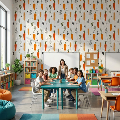 Bright Orange Carrot and Herb Pattern Wallpaper